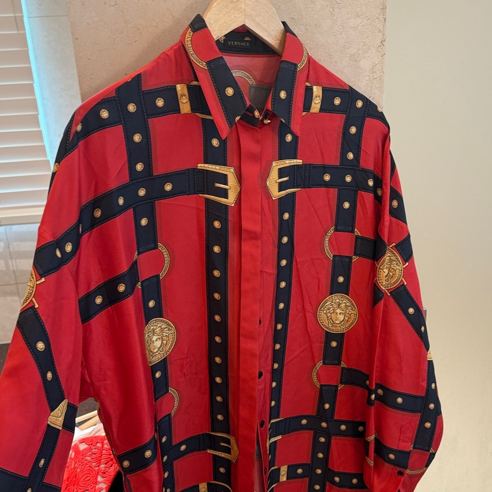 Versace Red and Black Belt Pattern Shirt 100% authentic